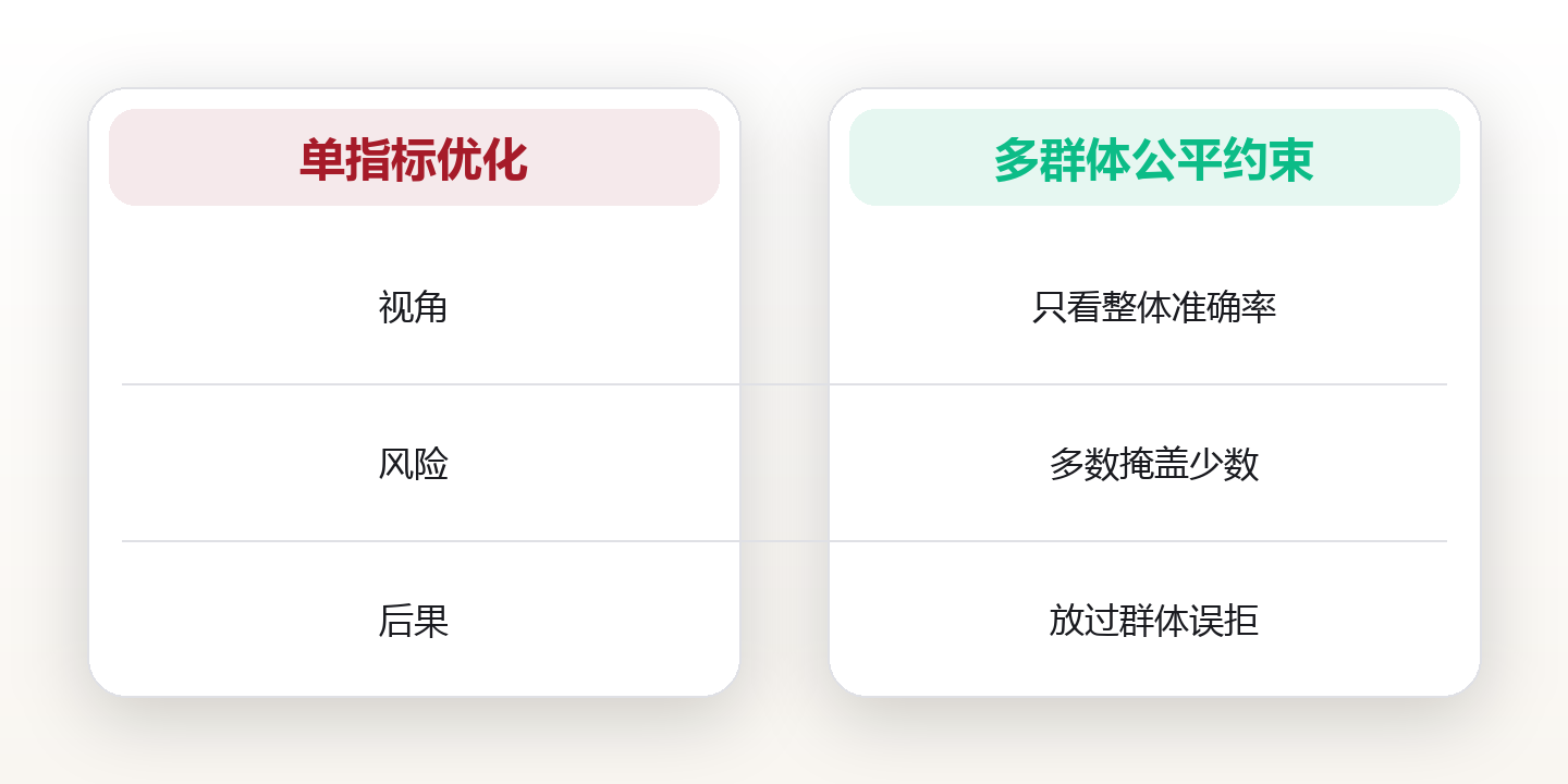 AI 偏见不是 Bug:从数据到部署的公平治理 对比图