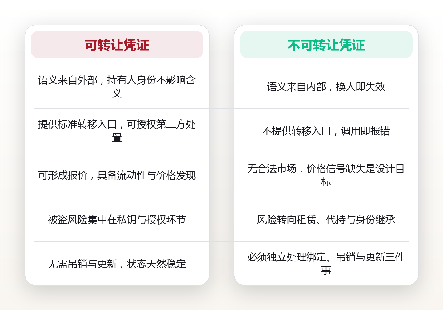 声誉为什么不能转账:链上身份里可转让凭证与不可转让凭证的分界线 对比图