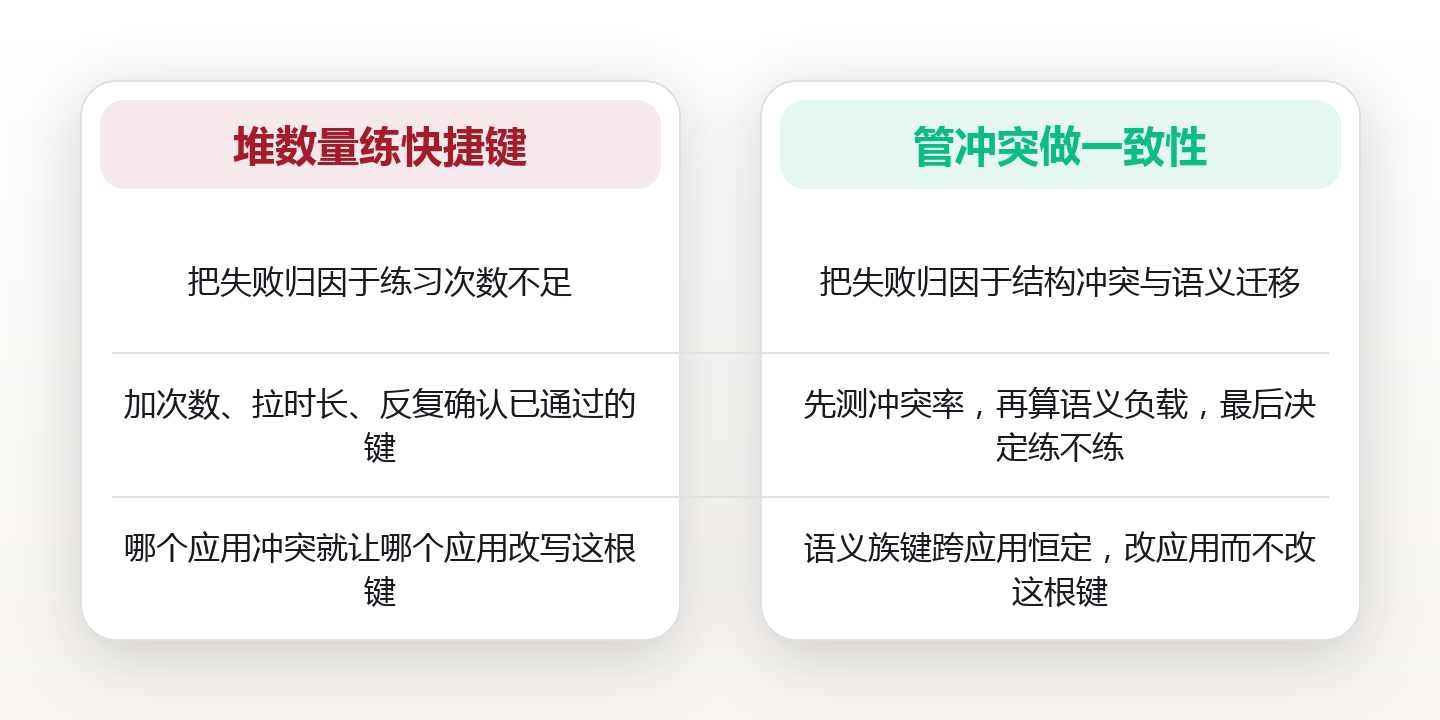 快捷键练了就忘:键位冲突与迁移干扰,如何让肌肉记忆跨应用生效 对比图