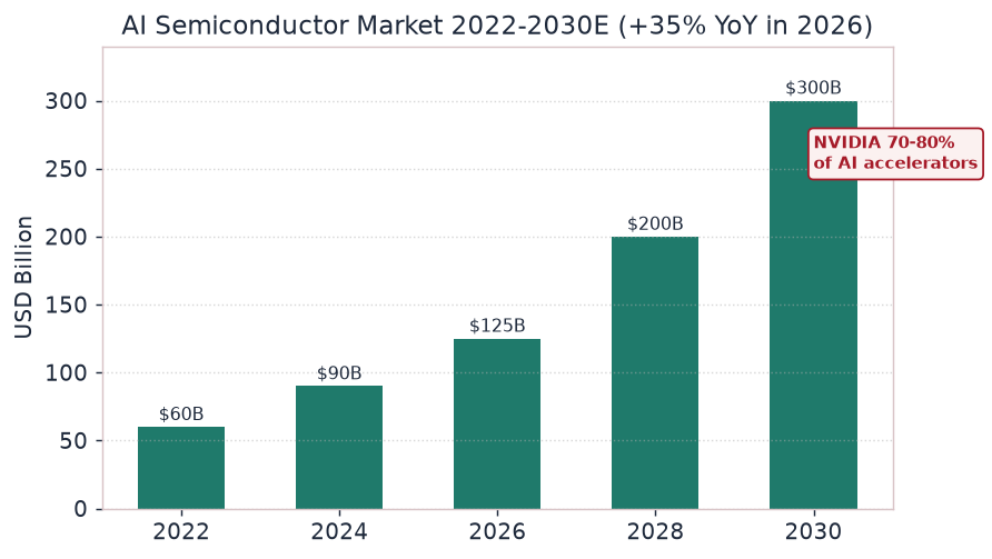 图 3 · AI 半导体市场 2022–2030E（2026 $125B → 2030 >$300B）；NVIDIA 占 AI 加速器 70–80%。来源：[2][3]