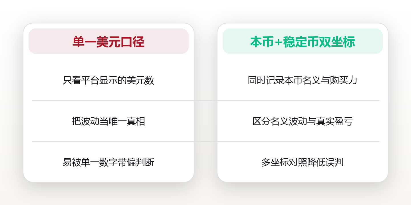 用哪种货币记账，会改变你的判断：数字资产的本币计价口径与盈亏感知差 对比图