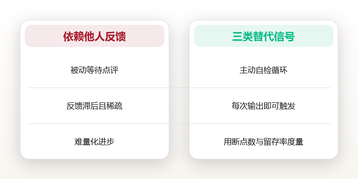 没人给你反馈时怎么练:把输出的反馈环拆成自评、复述与间隔三类替代信号 对比图