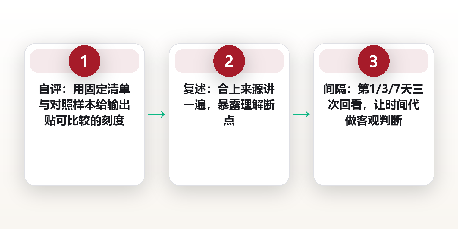 没人给你反馈时怎么练:把输出的反馈环拆成自评、复述与间隔三类替代信号 框架图