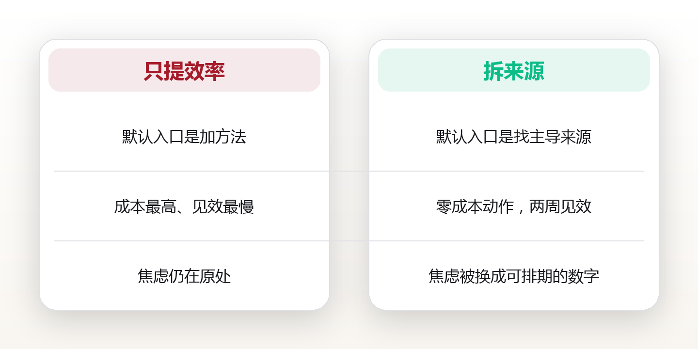 时间焦虑其实不在时间上:四个高频来源,与一套可自测的诊断模型 对比图
