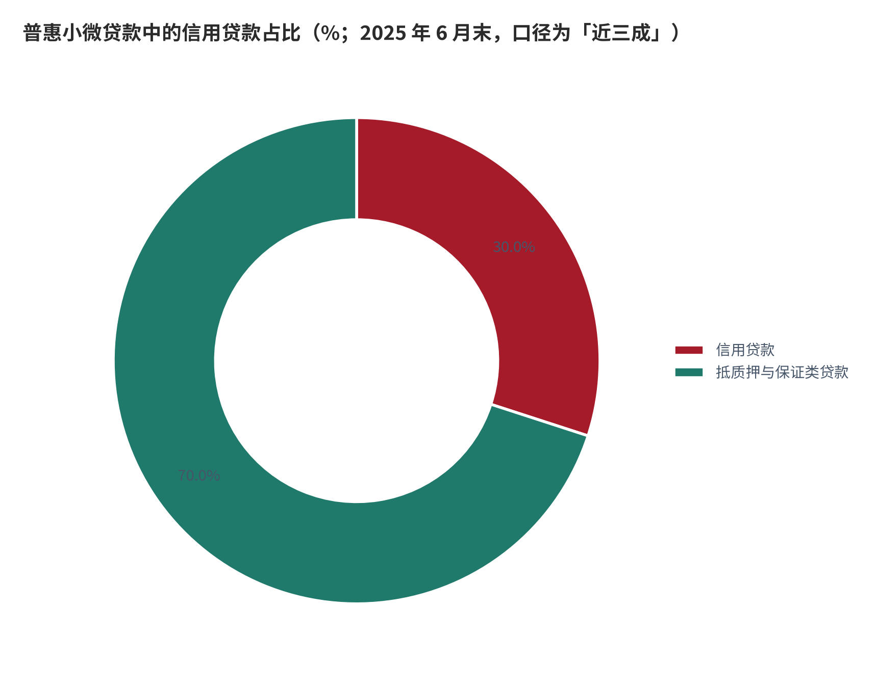 图 3：普惠小微贷款中的信用贷款占比（%；2025 年 6 月末）。信用贷款占比接近三成、比上季度末提高 0.7 个百分点，其余为抵质押与保证类贷款。资料来源：[6]