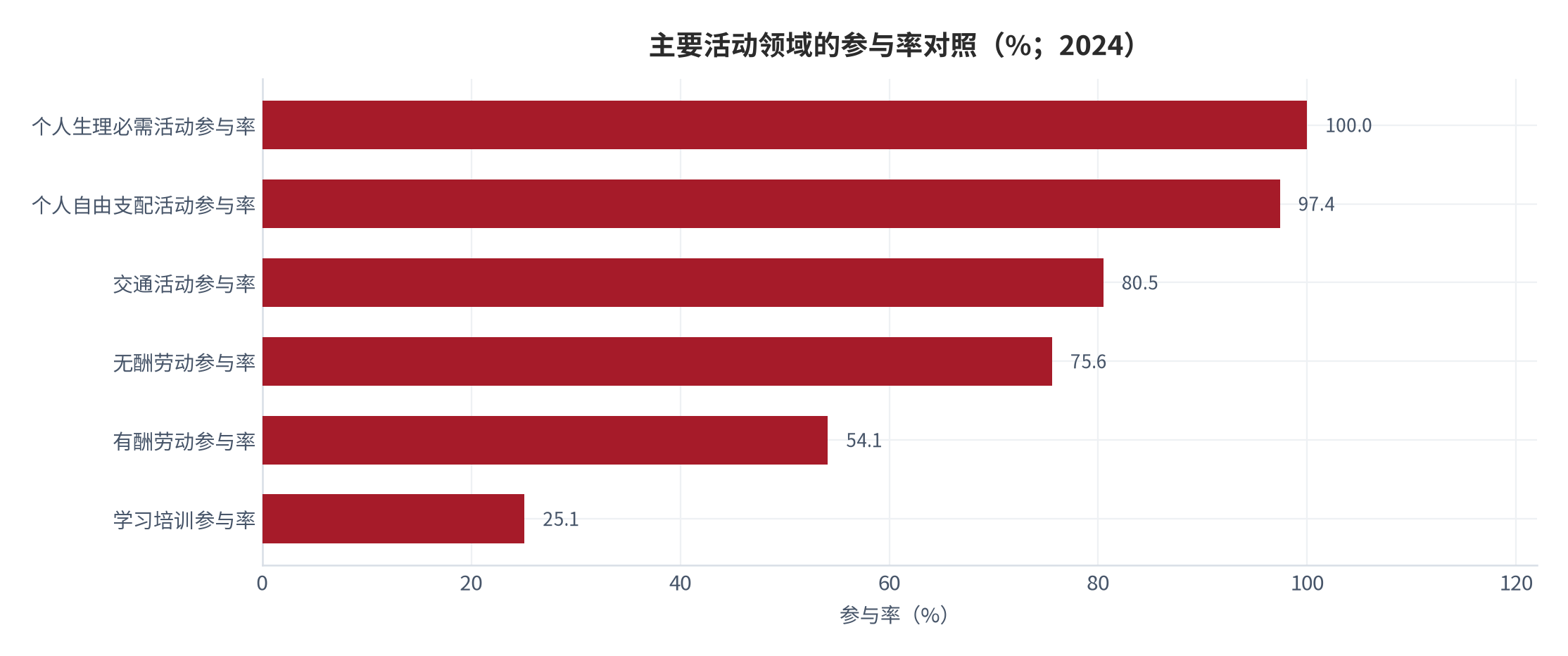 图 13：主要活动领域的参与率对照（%；2024）。资料来源：国家统计局第三次全国时间利用调查公报 [6][7]