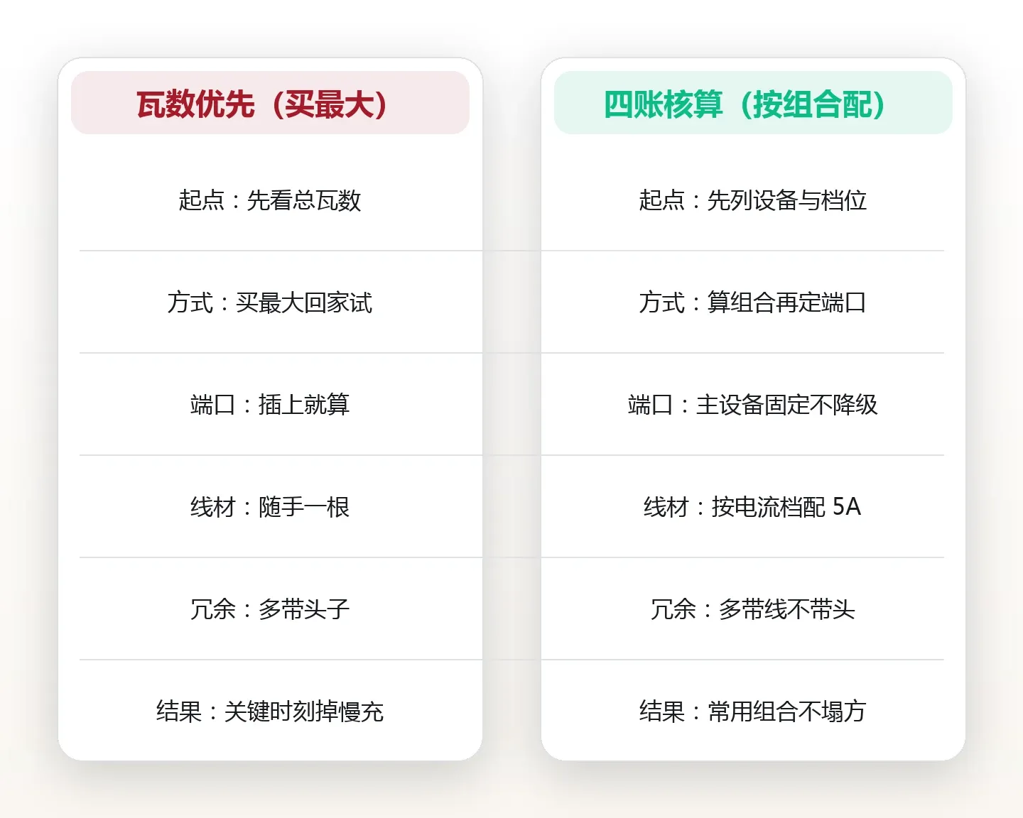 多口充电器怎么选:功率分配、协议兼容与四类出行的配置表 对比图
