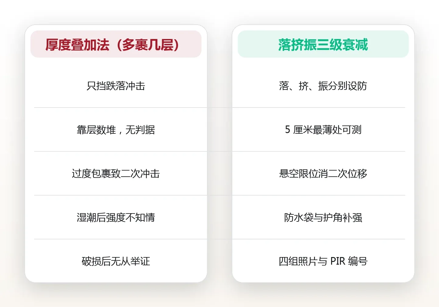 托运箱里的三层缓冲:易碎件的包装顺序与到站验收 对比图
