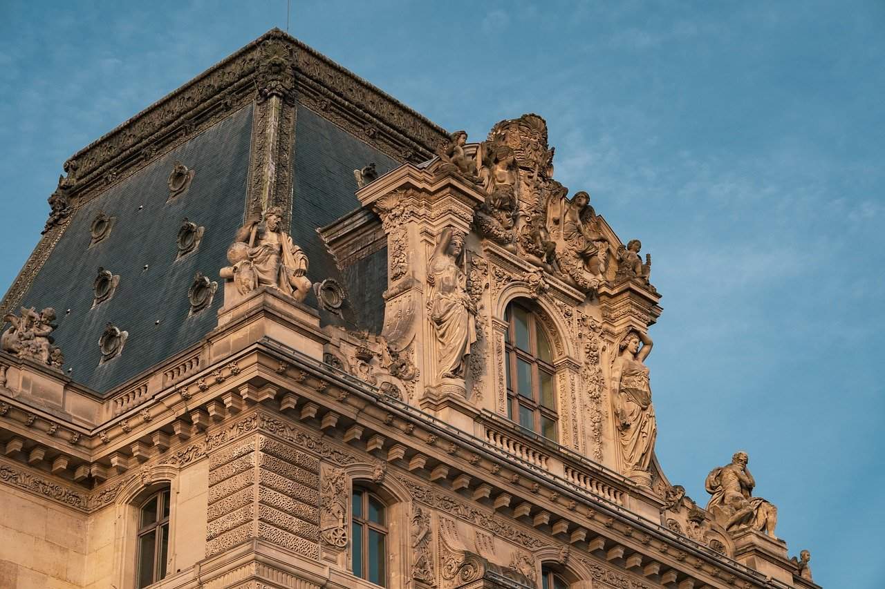 louvre, paris, museum, art, culture, building, sculptures, artful, roof, window, facade, architecture